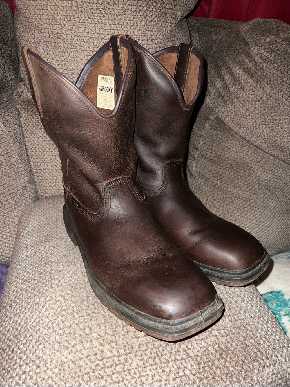 Rocky Brown Leather Work Slip On Boots square toe